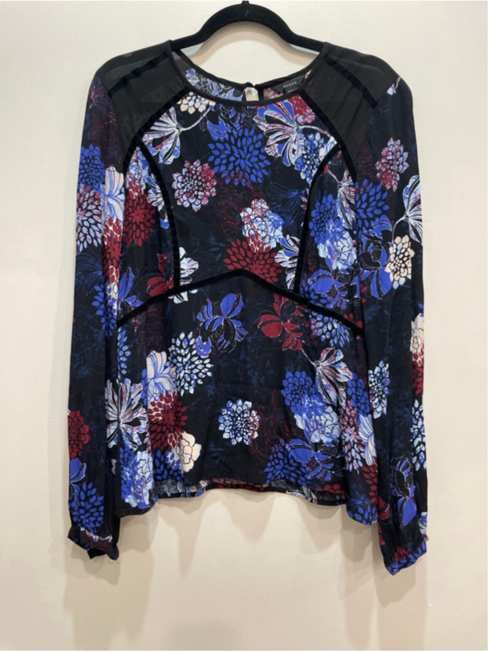 GUESS Sheer Velvet Trim Floral Blouse Small Going Out Y2K Party